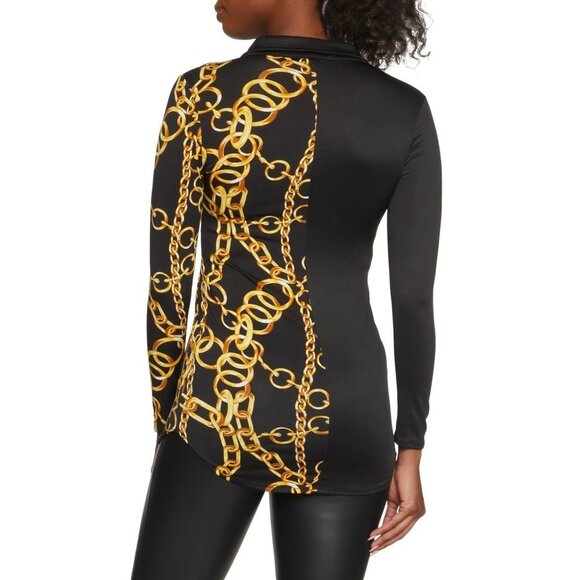 NWT JULIA by LOVE J Two Tone Chain Print Button Front Shirt Color Black Size 3XL - Picture 2 of 6